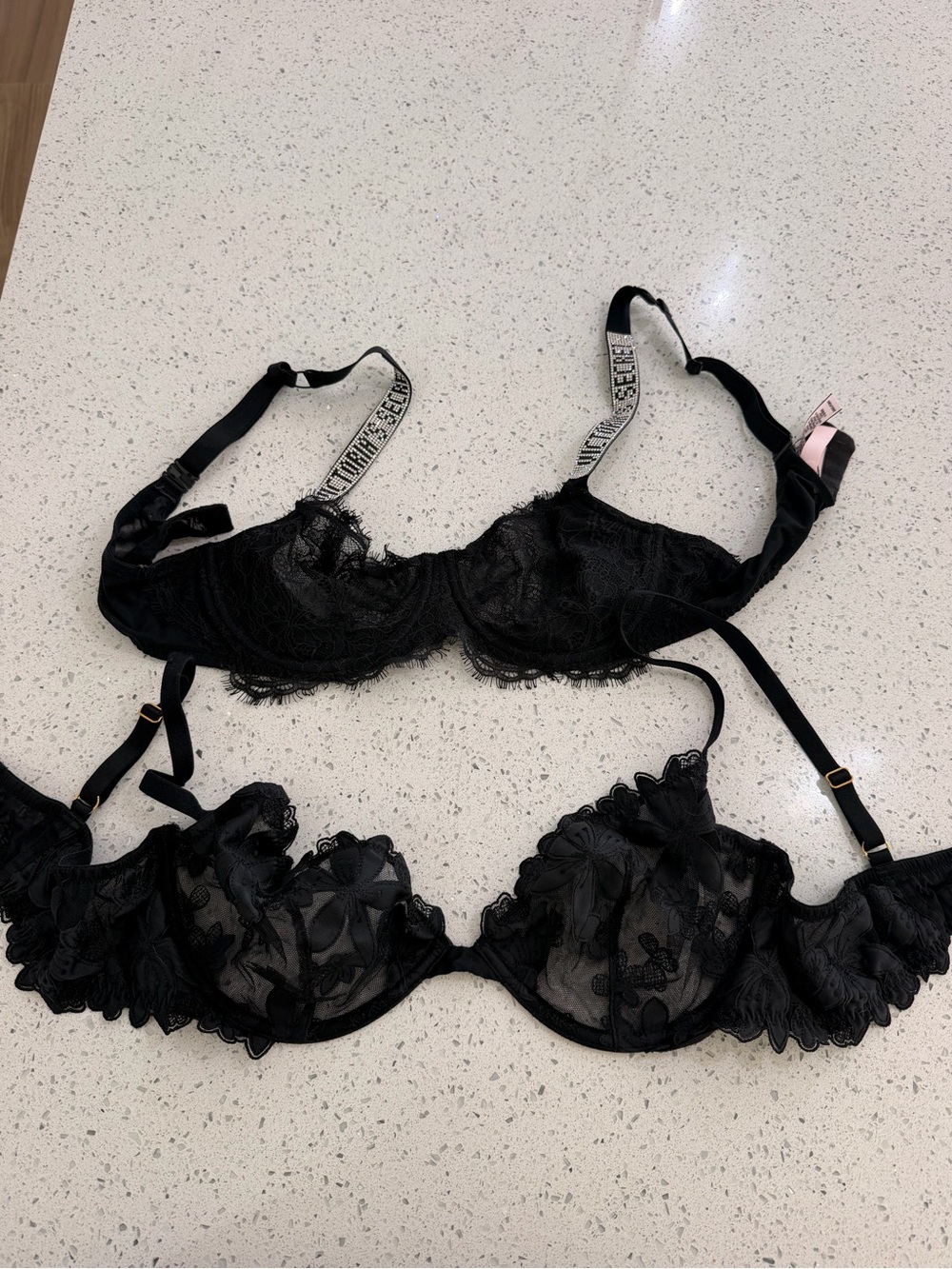 two Victoria’s Secret Black Lace Embroidered Underwire Bra